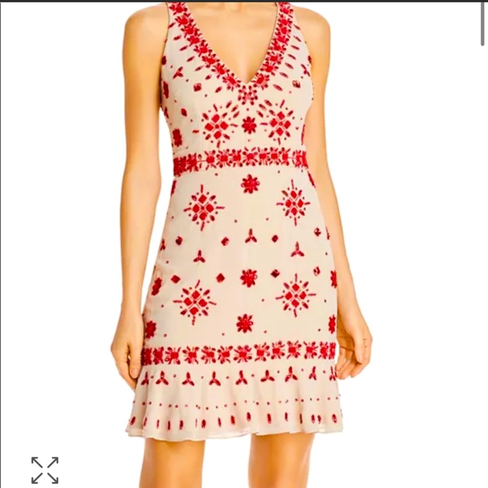 Aidan Mattox Nude Red Beaded Cocktail Sleeveless Mini Dress
